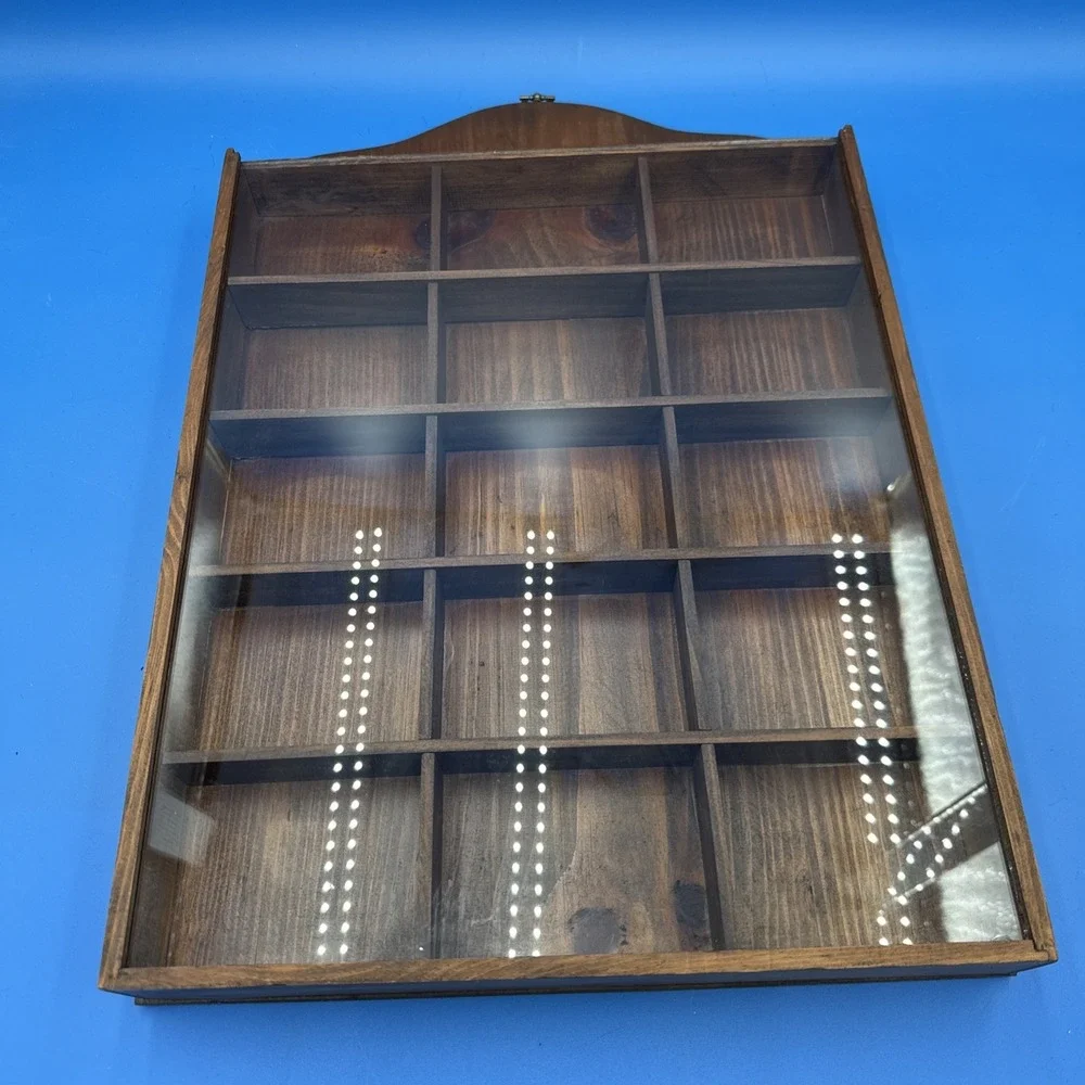 Vtg Large Wood Wall Display Case Trinket Shelf Glass Knick Knack Cabinet